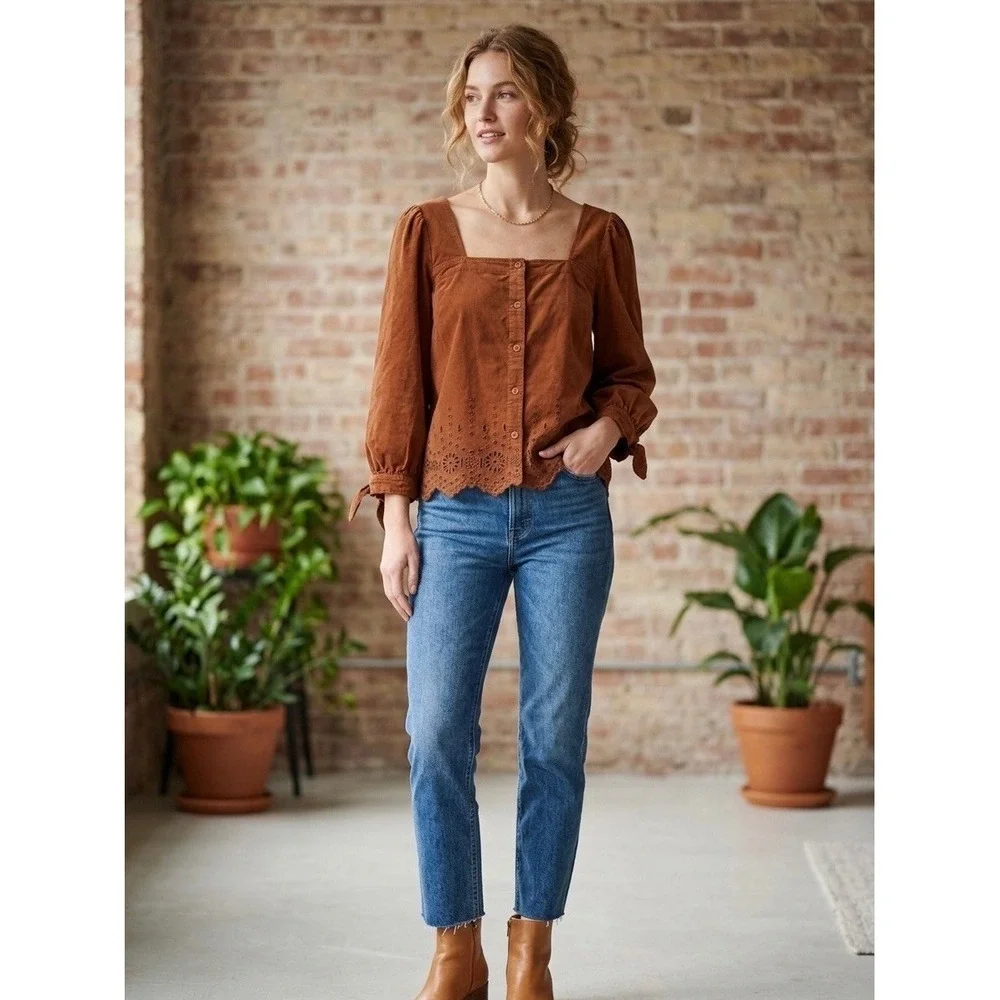 Madewell Corduroy Eyelet Button Front Top Rust Brown Square Neck Plus Size 3X